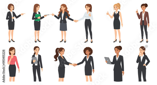 Collection of diverse business women in professional attire performing various actions and expressing different emotions.