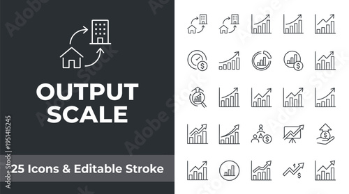 A set of twenty-five editable business and finance vector icons with output scale and growth