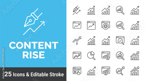 Vector graphic illustration of a set of twenty five business and growth icons with editable strokes and a pen
