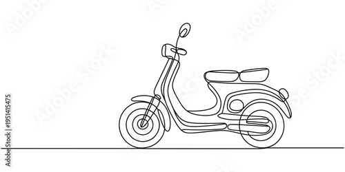 Continuous one line drawing of a scooter. Vector illustration of vintage motorbike isolated on white background. Minimalist urban transport concept