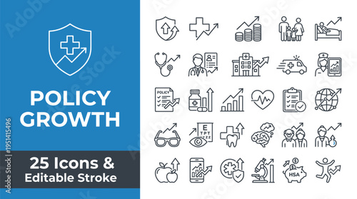 Vector graphic illustration of policy growth icons for healthcare and finance sectors