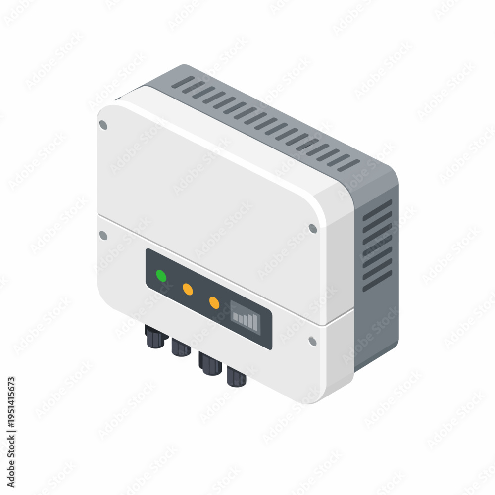 Obraz premium Isometric illustration of a solar power inverter, converting DC from photovoltaic panels to AC for renewable energy systems