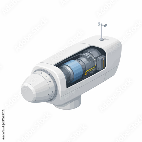 Cutaway illustration of a wind turbine's nacelle, exposing vital internal machinery for clean energy production and integrated system management in renewable power networks