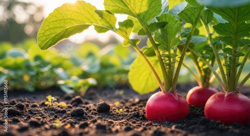 Fresh red radishes with green leaves growing in rich soil on a sunny day in a vegetable garden, showcasing healthy produce