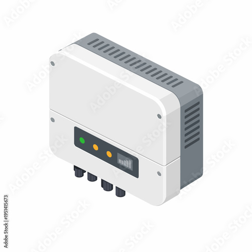 Isometric illustration of a solar power inverter, converting DC from photovoltaic panels to AC for renewable energy systems