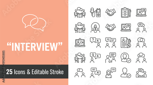 Vector graphic illustration of a set of 25 interview icons in editable stroke style for business and communication use