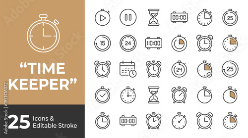 A vector graphic illustration of a set of 25 time keeper icons with clocks and watches in various designs