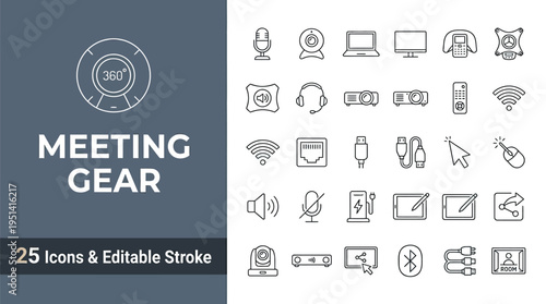 Meeting gear icon set with twenty-five editable stroke vector graphics