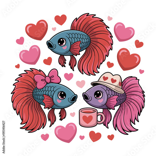 A colorful illustration of betta fish with hearts and accessories