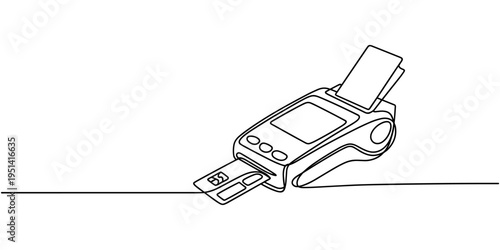 Continuous one line drawing of POS payment terminal with gprs and credit card on a white background. Linear stylized.
