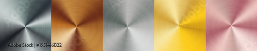 Set of polished metal radial gradient. Silver, gold and bronze color square templates. Iridescent foil surface. Great for web design, banner, poster