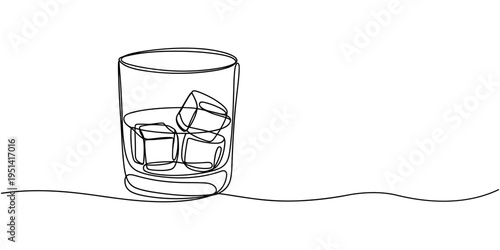 Whiskies and ice, Scotch on the rocks in glasses. Whiskey and soda, Continuous one line drawing vector illustration., Whiskey glass with ice cubes isolated on white background in a minimalist one line