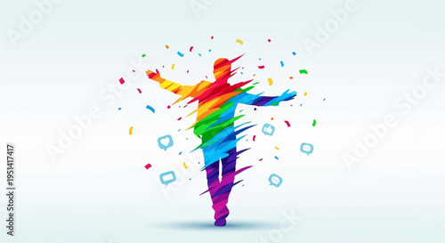 Vibrant person with arms outstretched in colorful abstract illustration with dynamic movement and joyful expression on white background