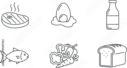 A collection of essential food group line icons representing proteins, dairy, grains, and vegetables for a balanced diet