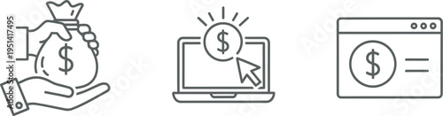 Online financial transactions and digital money management concepts illustrated with line icons
