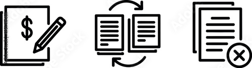 Financial document management, processing, and deletion vector icons representing various business operations