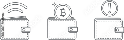 Icons depicting various wallet functionalities including contactless payment, cryptocurrency storage, and important notifications