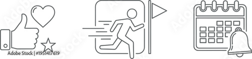 Outline icons representing positive feedback, goal achievement, and scheduled reminders for various digital applications