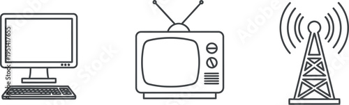 Line art icons illustrating various forms of communication technology including a computer, television, and radio tower