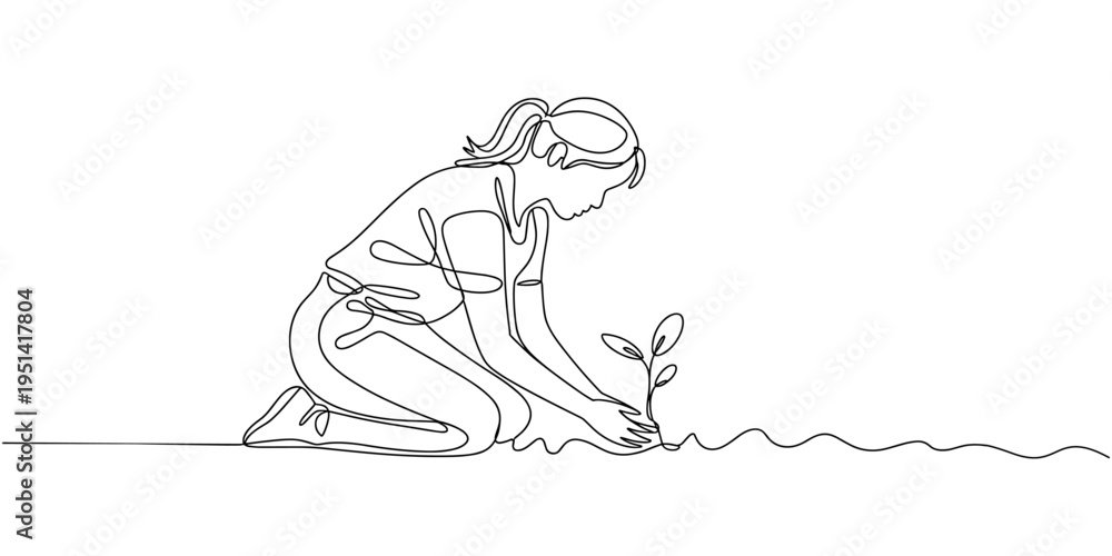 Obraz premium Continuous one line drawing young female farmer planting plant shoots in the ground.one line vector illustration with out background.