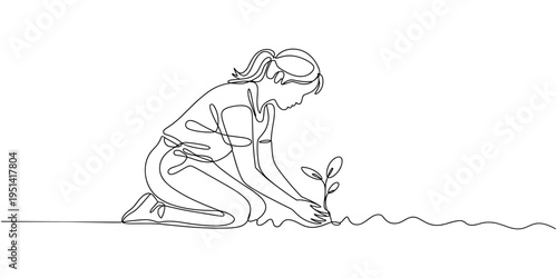 Continuous one line drawing young female farmer planting plant shoots in the ground.one line vector illustration with out background.
