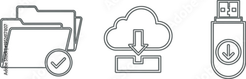 Collection of outline icons for data management: file folder, cloud download, and usb drive