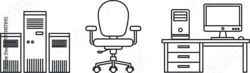 Outline illustration featuring common office and computing equipment like server towers, an ergonomic chair, and a desktop computer workstation