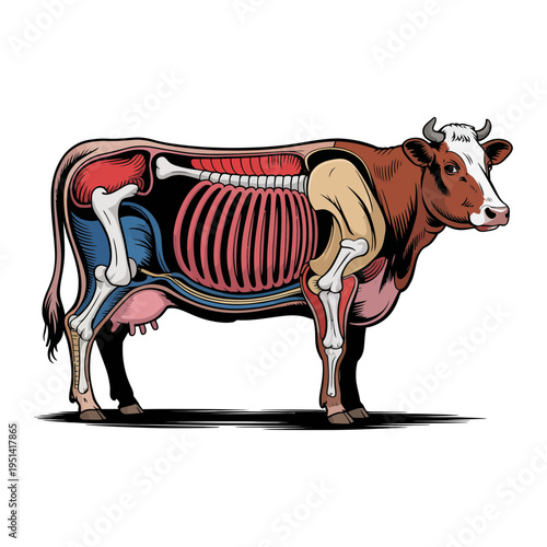 Cow anatomy illustration showing internal organs and skeletal system