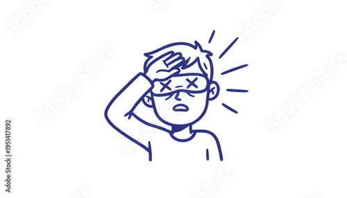 Blue Outline Vector Man Shielding Eyes from Bright Light Light Mode Blinded Concept for Digital UX UI Design
