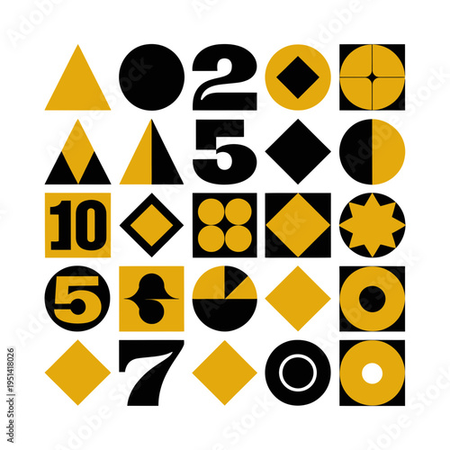A geometric shapes illustration with numbers in black and yellow