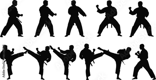 Karate fighter silhouettes martial arts combat kick training black silhouette collection isolated background sport self defense concept