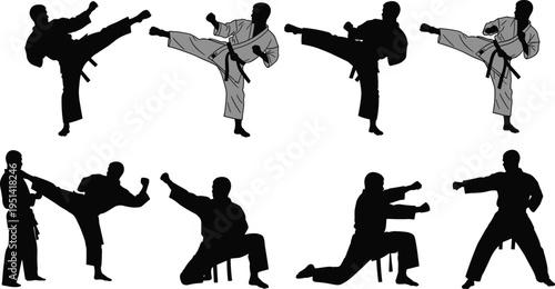 Karate martial arts silhouette collection, fighter performing kicks and punches poses, combat sport training action vector illustration isolated