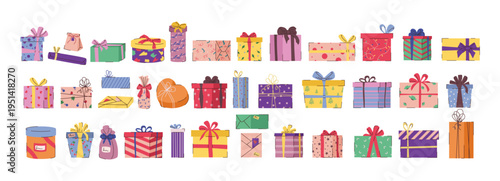 Multiple colorful gift boxes in cartoon style on white background showing celebration concept. Vector illustration