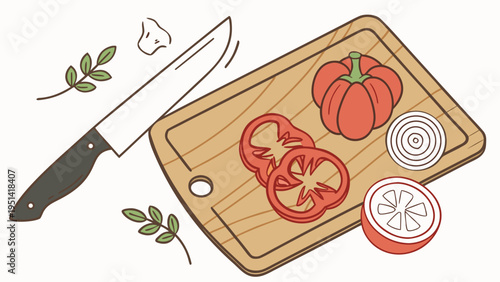 A vector graphic illustration of a kitchen cutting board with sliced vegetables and a knife