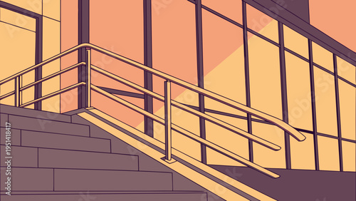 A minimalist vector graphic illustration of a staircase with a railing in front of a modern building