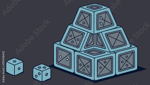 A minimalist vector illustration of a pyramid of dice with two separate dice on a dark background