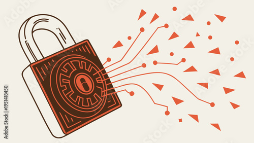 A vector graphic illustration of a padlock with digital circuit lines and triangles emerging from it, symbolizing secure data transmission.