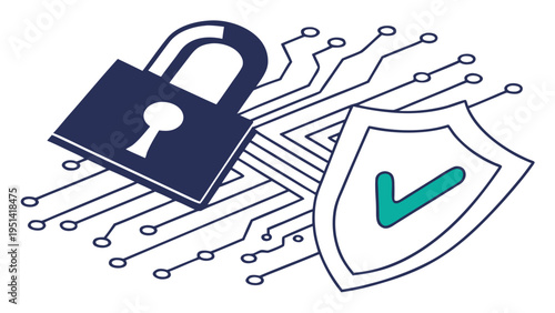 A vector graphic illustration of a padlock and shield with a checkmark on a circuit board background, representing cybersecurity and data protection.