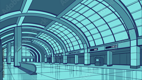 A modern, empty airport terminal with a sleek, blue interior and arched ceilings.