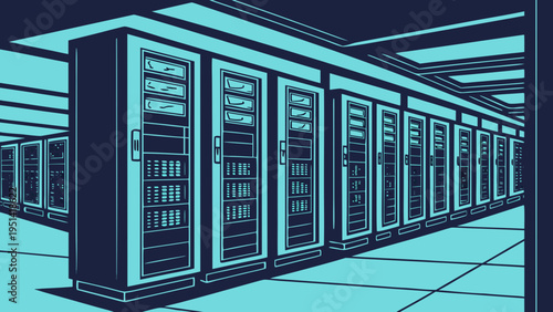 A vector graphic illustration of a modern server room with rows of computer servers