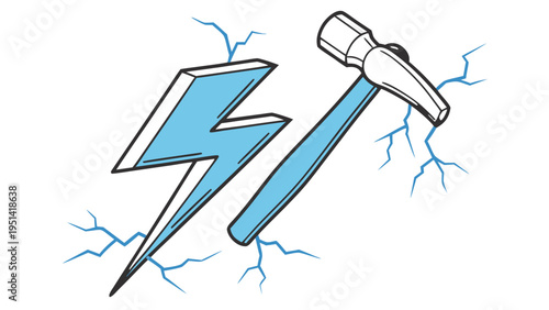 A vector graphic illustration of a hammer striking a lightning bolt, symbolizing power and energy.