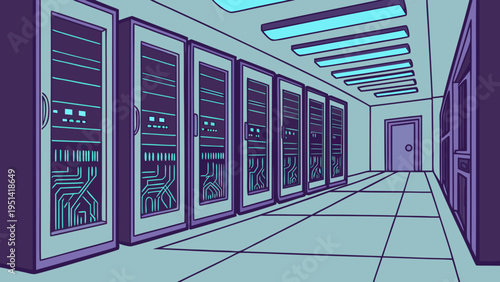 A futuristic server room with rows of computer servers and a sleek, modern design