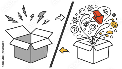 A vector graphic illustration of a cardboard box transformation from ordinary to extraordinary with creative ideas and innovation
