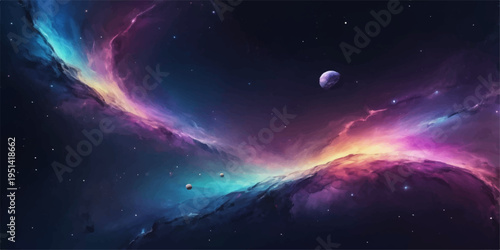 A glowing blue planet drifts through the dark expanse of a vast galaxy filled with bright stars and a swirling nebula across the deep cosmos