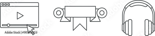 Minimalist line art icons of a video player, decorative banner, and headphones on a white background.