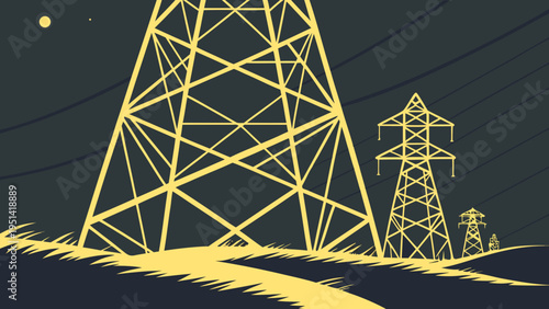 A minimalist vector illustration of power transmission towers at night