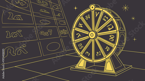 A vector graphic illustration of a golden zodiac wheel with astrology symbols in a dark background