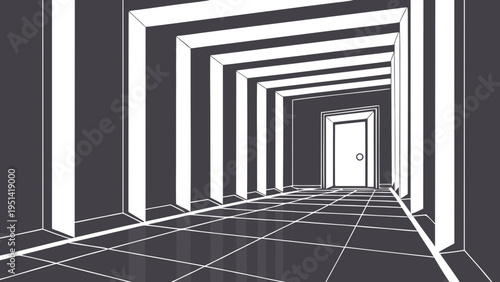 A minimalist vector graphic illustration of a long corridor with a door at the end