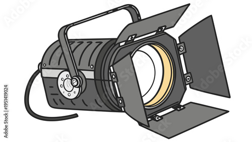 A vector graphic illustration of a studio spotlight with open shutters and a handle