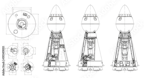 Space Rocket Upper Stage Blueprint Vector – Multi View Aerospace Engineering Technical Drawing